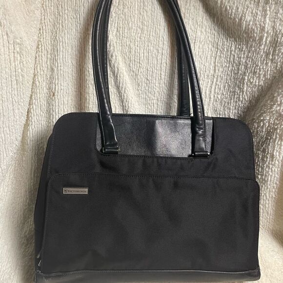 Victorinox Swiss Black Canvas &leather laptop Bag Briefcase silver tone hardware - Picture 2 of 16